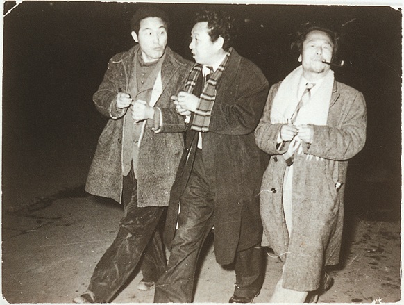Photograph of Lee Jungseop, Park Kosuk, and Han Mook during The First Gijohoe Exhibition, 1952, MMCA Art Research Center Collection.